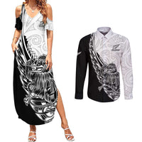 New Zealand Kiwi Rugby Custom Couples Matching Summer Maxi Dress and Long Sleeve Button Shirt Go Champions Maori Pattern LT05 White - Polynesian Pride