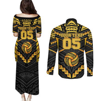 Custom Polynesia Beach Volleyball Couples Matching Puletasi and Long Sleeve Button Shirt Gold Polynesian Tribal Pattern - Polynesian Pride