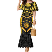 Custom Polynesia Beach Volleyball Family Matching Mermaid Dress and Hawaiian Shirt Gold Polynesian Tribal Pattern LT05 Mom's Dress Gold - Polynesian Pride
