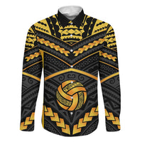 Custom Polynesia Beach Volleyball Family Matching Off Shoulder Maxi Dress and Hawaiian Shirt Gold Polynesian Tribal Pattern LT05 Dad's Shirt - Long Sleeve Gold - Polynesian Pride