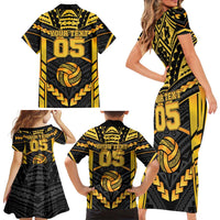 Custom Polynesia Beach Volleyball Family Matching Short Sleeve Bodycon Dress and Hawaiian Shirt Gold Polynesian Tribal Pattern LT05 - Polynesian Pride