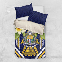 Nauru Independence Day Bedding Set Coat Of Arms With Plumeria LT05 US Twin 172cm x 218cm Navy - Polynesian Pride