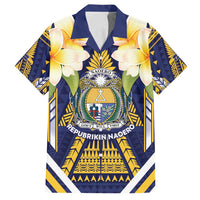 Personalised Nauru Independence Day Family Matching Off Shoulder Maxi Dress and Hawaiian Shirt Coat Of Arms With Plumeria LT05 Dad's Shirt - Short Sleeve Navy - Polynesian Pride