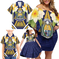 Personalised Nauru Independence Day Family Matching Off Shoulder Short Dress and Hawaiian Shirt Coat Of Arms With Plumeria LT05 - Polynesian Pride