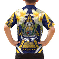 Personalised Nauru Independence Day Family Matching Short Sleeve Bodycon Dress and Hawaiian Shirt Coat Of Arms With Plumeria LT05 - Polynesian Pride