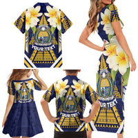 Personalised Nauru Independence Day Family Matching Short Sleeve Bodycon Dress and Hawaiian Shirt Coat Of Arms With Plumeria LT05 - Polynesian Pride
