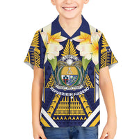 Personalised Nauru Independence Day Family Matching Summer Maxi Dress and Hawaiian Shirt Coat Of Arms With Plumeria LT05 Son's Shirt Navy - Polynesian Pride