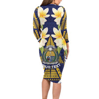 Personalised Nauru Independence Day Long Sleeve Bodycon Dress Coat Of Arms With Plumeria - Polynesian Pride
