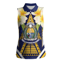 Personalised Nauru Independence Day Women Sleeveless Polo Shirt Coat Of Arms With Plumeria LT05 Female Navy - Polynesian Pride