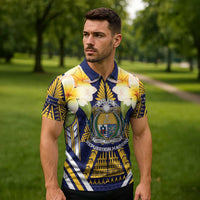 Personalised Nauru Independence Day Zipper Polo Shirt Coat Of Arms With Plumeria LT05 - Polynesian Pride