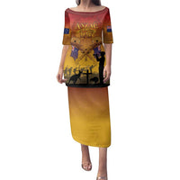 ANZAC Day Family Matching Puletasi and Hawaiian Shirt Australia And New Zealand Slouch Hats LT05 Mom's Dress Yellow - Polynesian Pride