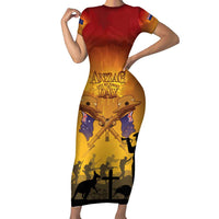 ANZAC Day Short Sleeve Bodycon Dress Australia And New Zealand Slouch Hats LT05 Long Dress Yellow - Polynesian Pride
