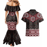 New Zealand Aotearoa Couples Matching Mermaid Dress and Hawaiian Shirt Red Taniko Art Maori Pattern LT05 - Polynesian Pride