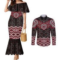 New Zealand Aotearoa Couples Matching Mermaid Dress and Long Sleeve Button Shirt Red Taniko Art Maori Pattern LT05 Red - Polynesian Pride