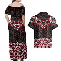 New Zealand Aotearoa Couples Matching Off Shoulder Maxi Dress and Hawaiian Shirt Red Taniko Art Maori Pattern LT05 - Polynesian Pride