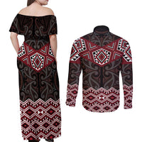 New Zealand Aotearoa Couples Matching Off Shoulder Maxi Dress and Long Sleeve Button Shirt Red Taniko Art Maori Pattern LT05 - Polynesian Pride