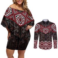 New Zealand Aotearoa Couples Matching Off Shoulder Short Dress and Long Sleeve Button Shirt Red Taniko Art Maori Pattern LT05 Red - Polynesian Pride