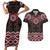 New Zealand Aotearoa Couples Matching Short Sleeve Bodycon Dress and Hawaiian Shirt Red Taniko Art Maori Pattern LT05 Red - Polynesian Pride