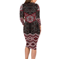 New Zealand Aotearoa Family Matching Long Sleeve Bodycon Dress and Hawaiian Shirt Red Taniko Art Maori Pattern LT05 - Polynesian Pride