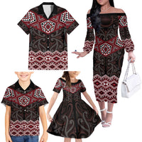 New Zealand Aotearoa Family Matching Off The Shoulder Long Sleeve Dress and Hawaiian Shirt Red Taniko Art Maori Pattern LT05 - Polynesian Pride