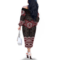 New Zealand Aotearoa Family Matching Off The Shoulder Long Sleeve Dress and Hawaiian Shirt Red Taniko Art Maori Pattern LT05 - Polynesian Pride