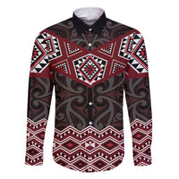 New Zealand Aotearoa Family Matching Off Shoulder Maxi Dress and Hawaiian Shirt Red Taniko Art Maori Pattern LT05 Dad's Shirt - Long Sleeve Red - Polynesian Pride