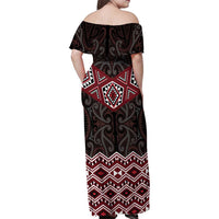 New Zealand Aotearoa Family Matching Off Shoulder Maxi Dress and Hawaiian Shirt Red Taniko Art Maori Pattern LT05 - Polynesian Pride