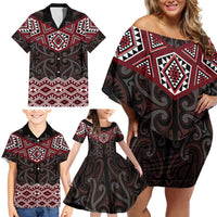 New Zealand Aotearoa Family Matching Off Shoulder Short Dress and Hawaiian Shirt Red Taniko Art Maori Pattern LT05 - Polynesian Pride
