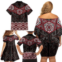 New Zealand Aotearoa Family Matching Off Shoulder Short Dress and Hawaiian Shirt Red Taniko Art Maori Pattern LT05 - Polynesian Pride