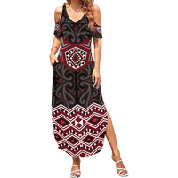 New Zealand Aotearoa Family Matching Summer Maxi Dress and Hawaiian Shirt Red Taniko Art Maori Pattern LT05 Mom's Dress Red - Polynesian Pride