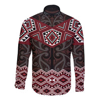 New Zealand Aotearoa Long Sleeve Button Shirt Red Taniko Art Maori Pattern