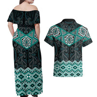 New Zealand Aotearoa Couples Matching Off Shoulder Maxi Dress and Hawaiian Shirt Turquoise Taniko Art Maori Pattern LT05 - Polynesian Pride