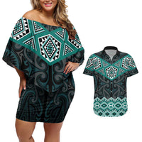 New Zealand Aotearoa Couples Matching Off Shoulder Short Dress and Hawaiian Shirt Turquoise Taniko Art Maori Pattern LT05 Turquoise - Polynesian Pride