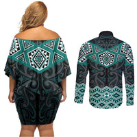 New Zealand Aotearoa Couples Matching Off Shoulder Short Dress and Long Sleeve Button Shirt Turquoise Taniko Art Maori Pattern LT05 - Polynesian Pride