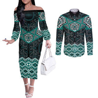 New Zealand Aotearoa Couples Matching Off The Shoulder Long Sleeve Dress and Long Sleeve Button Shirt Turquoise Taniko Art Maori Pattern LT05 Turquoise - Polynesian Pride