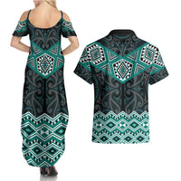 New Zealand Aotearoa Couples Matching Summer Maxi Dress and Hawaiian Shirt Turquoise Taniko Art Maori Pattern LT05 - Polynesian Pride