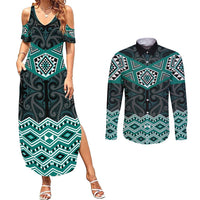 New Zealand Aotearoa Couples Matching Summer Maxi Dress and Long Sleeve Button Shirt Turquoise Taniko Art Maori Pattern LT05 Turquoise - Polynesian Pride