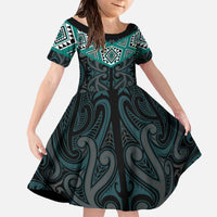 New Zealand Aotearoa Family Matching Off The Shoulder Long Sleeve Dress and Hawaiian Shirt Turquoise Taniko Art Maori Pattern LT05 Daughter's Dress Turquoise - Polynesian Pride