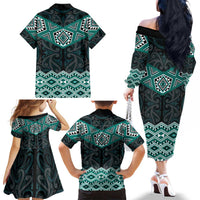 New Zealand Aotearoa Family Matching Off The Shoulder Long Sleeve Dress and Hawaiian Shirt Turquoise Taniko Art Maori Pattern LT05 - Polynesian Pride