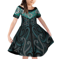 New Zealand Aotearoa Family Matching Off Shoulder Short Dress and Hawaiian Shirt Turquoise Taniko Art Maori Pattern LT05 Daughter's Dress Turquoise - Polynesian Pride