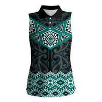 New Zealand Aotearoa Women Sleeveless Polo Shirt Turquoise Taniko Art Maori Pattern LT05 Female Turquoise - Polynesian Pride