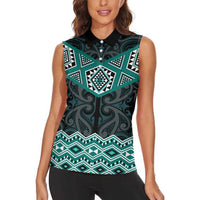 New Zealand Aotearoa Women Sleeveless Polo Shirt Turquoise Taniko Art Maori Pattern LT05 - Polynesian Pride
