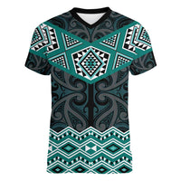 New Zealand Aotearoa Women V-Neck T-Shirt Turquoise Taniko Art Maori Pattern LT05 Female Turquoise - Polynesian Pride