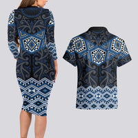 New Zealand Aotearoa Couples Matching Long Sleeve Bodycon Dress and Hawaiian Shirt Blue Taniko Art Maori Pattern LT05 - Polynesian Pride