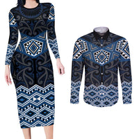 New Zealand Aotearoa Couples Matching Long Sleeve Bodycon Dress and Long Sleeve Button Shirt Blue Taniko Art Maori Pattern LT05 Blue - Polynesian Pride