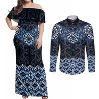 New Zealand Aotearoa Couples Matching Off Shoulder Maxi Dress and Long Sleeve Button Shirt Blue Taniko Art Maori Pattern LT05 Blue - Polynesian Pride
