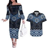 New Zealand Aotearoa Couples Matching Off The Shoulder Long Sleeve Dress and Hawaiian Shirt Blue Taniko Art Maori Pattern LT05 Blue - Polynesian Pride