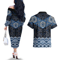 New Zealand Aotearoa Couples Matching Off The Shoulder Long Sleeve Dress and Hawaiian Shirt Blue Taniko Art Maori Pattern LT05 - Polynesian Pride