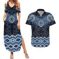 New Zealand Aotearoa Couples Matching Summer Maxi Dress and Hawaiian Shirt Blue Taniko Art Maori Pattern LT05 Blue - Polynesian Pride