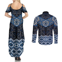 New Zealand Aotearoa Couples Matching Summer Maxi Dress and Long Sleeve Button Shirt Blue Taniko Art Maori Pattern LT05 - Polynesian Pride